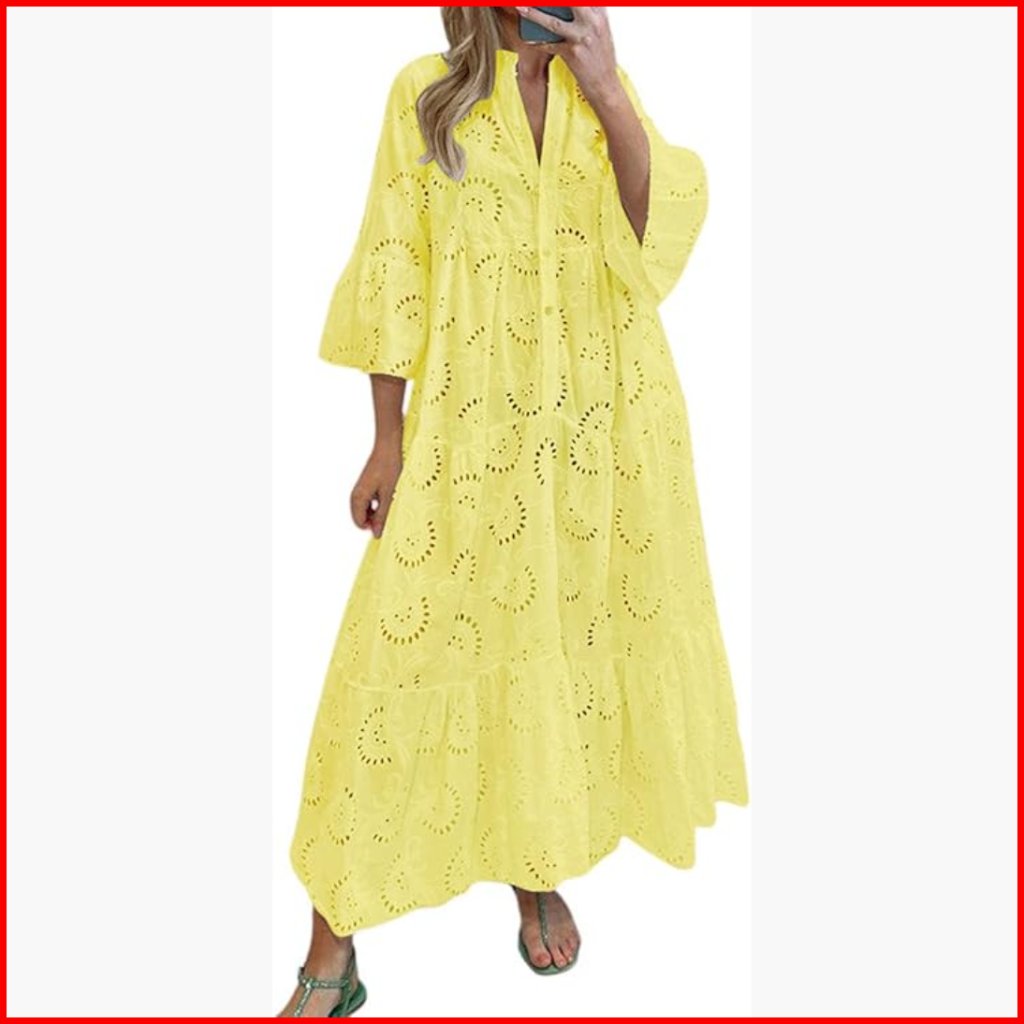 Lace Eyelet Maxi Dress V-Neck Flowy Swing Boho Casual Summer